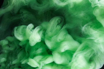 Green smoke on black ink background, colorful fog, abstract swirling emerald ocean sea, acrylic...