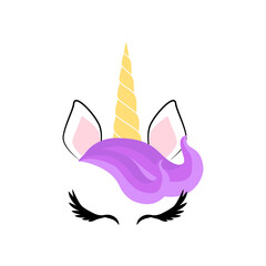 Fabulous cute unicorn with golden gilded horn and closed eyes.