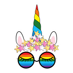 illustration of cute unicorn face wearing sunglasses