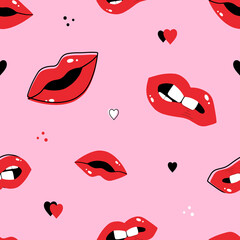 Red lips with hearts and dots vector seamless pattern background for make up and fashion design.