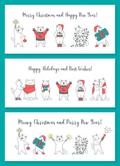 Obraz premium Collection of Christmas greeting cards. Illustration of cute kittens celebrating winter holidays isolated on a white background. Vector 10 EPS.
