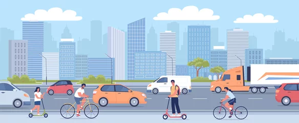 Wall murals Cartoon cars Modern city transport system and citizens using bicycles and scooters vector illustration. Colorful cityscape design