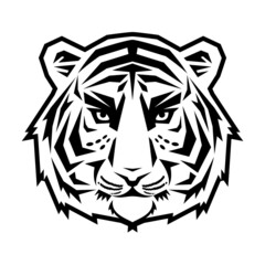 Tiger head silhouette. White silhouette of a stylized tiger muzzle with a black contour. Can be used as a logo, a mascot or a t-short print. Vector 10 EPS.