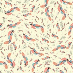 Colorful cute seamless pattern with variety of feathers