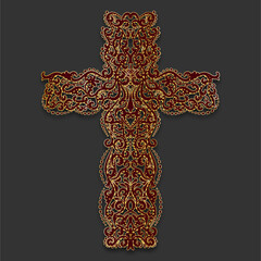 Gold and Burgundy Decorative Filigree Scroll-work Cross On Gray Background