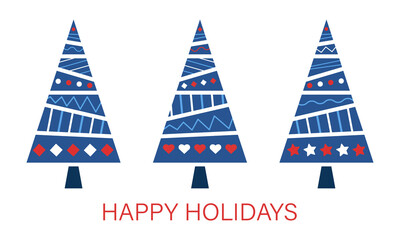 Obraz premium Happy holidays. Set of abstract colored Christmas trees. Postcard design with geometric motifs. Vector illustration in flat style