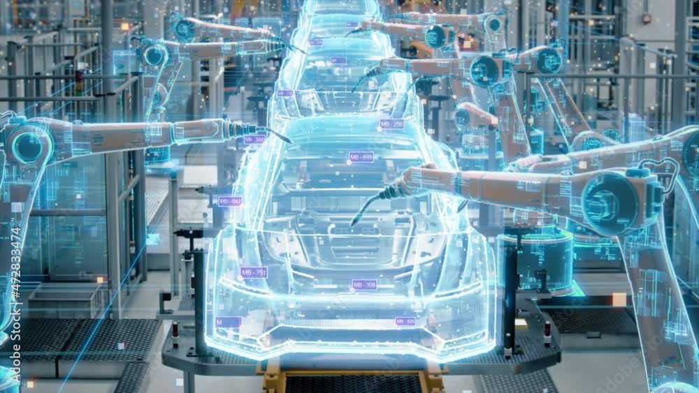 Aufkleber Front View Car Factory Digitalization: Automated Robot Arm Assembly Line Manufacturing High-Tech Sustainable Electric Vehicles. Futuristic AI Computer Vision Analyzing, Scanning Production Efficiency