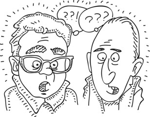 Two surprised men's faces - sketchy hand-drawn vector illustration.  