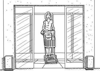 Woman with the shopping trolley goes out from the food store - sketchy hand-drawn vector illustration.