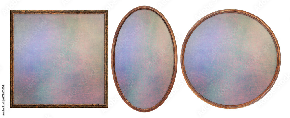 Poster wooden frame. empty square frame with abstract fill texture isolated on white background. blank fram