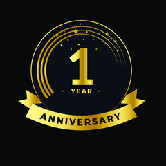 First Year Anniversary Gold and Black Design Isolated Vector