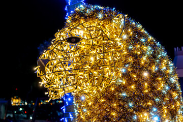 The Very beautiful Christmas lights in Gaeta, fairy tales of light 2019, Gaeta, Lazio, Italy. Representation of lion - obrazy, fototapety, plakaty
