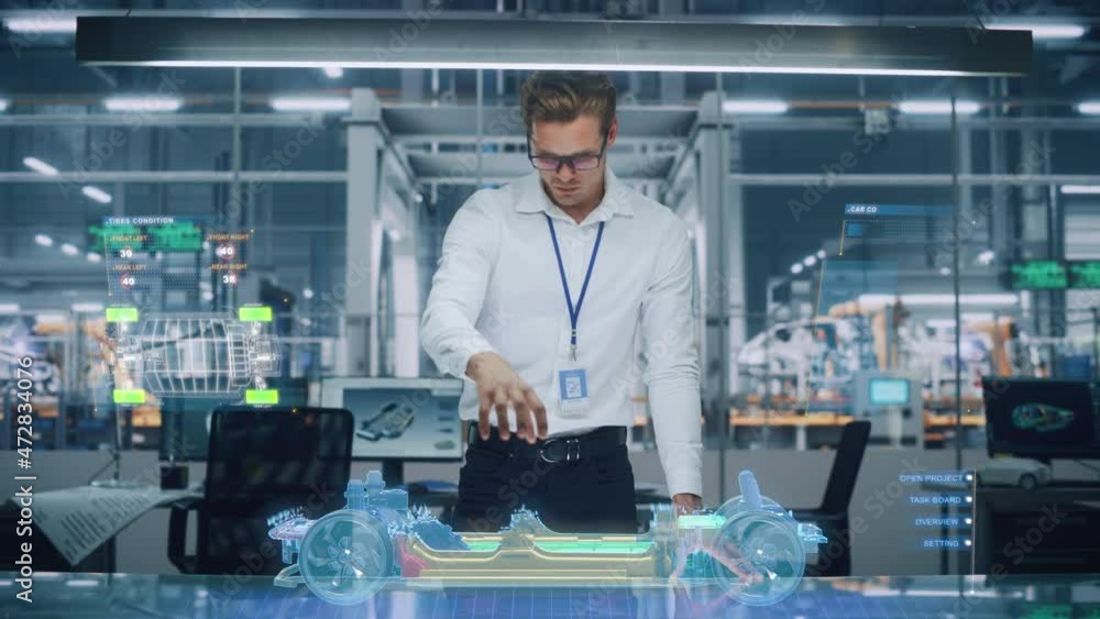 Poster sustainable industrial design: portrait of modern automotive engineer using augmented reality to con