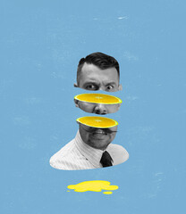 Contemporary art collage of businessman with splitted face isolated over bue background. Knackered