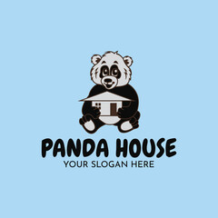 Panda house logo vector in cartoon style, Perfect to use for pets, construction, real estate, or anything related to animal character panda and house