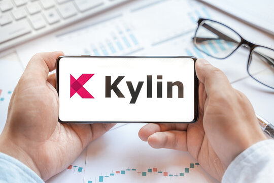 Logo of Kylin in tablet. Cryptocurrency coin KYL token. Trading blockchain platform to buy,sell on decentralized exchange DEX,DEFI. Digital money.Business,investing