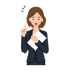 立って書類を手に持って何かひらめいたスーツの女性