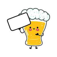 Cute funny glass of beer with poster. Vector hand drawn cartoon kawaii character illustration icon. Isolated on white background. Glass of beer think concept