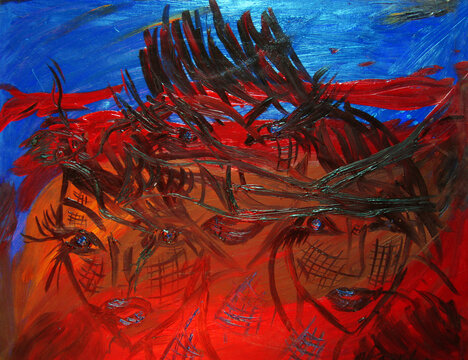Avant-garde art. Goddess of fate - three sisters Moira, oil painting