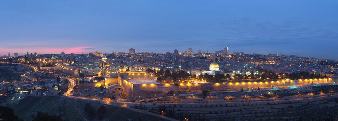 Panorama with Jerusalem old city in Israel - view from the Mount of Olives 