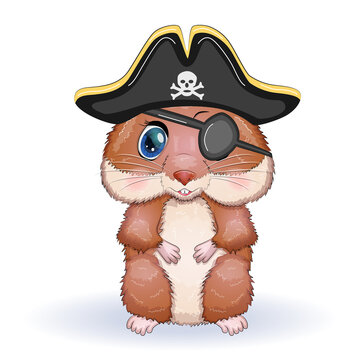 Cute hamster pirate, in a cocked hat, summer and sea concept, cartoon characters of hamsters, funny animal