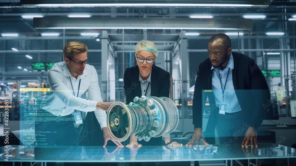 Aufkleber Green Energy Car Design: Diverse Team of Automotive Enginers Using Augmented Reality Hologram to Construct 3D Model of High-Tech Electric Engine Turbine. Futuristic Automated Robot Arm Manufacturing