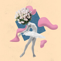 Contemporary art collage. Graceful ballet dancer headed of roses, flowers isolated over abstract background