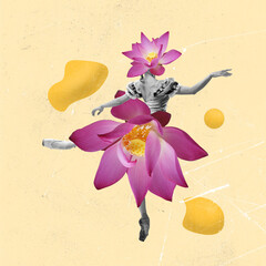 Fototapeta na wymiar Dancing woman, Graceful ballet dancer in attire made of flowers. Copyspace. Modern design. Contemporary art collage