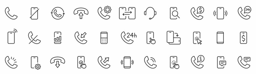 Phone icon set. Telephone call sign. Contact us. Web and mobile icon. Chat, support, message, phone. Vector illustration.