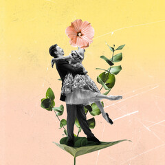Contemporary art collage, modern design. Couple of dancers headed with flowers and plants on light background. Surrealism