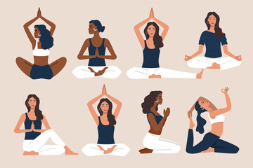 Young woman doing yoga exercises and practicing meditation vector. Female character