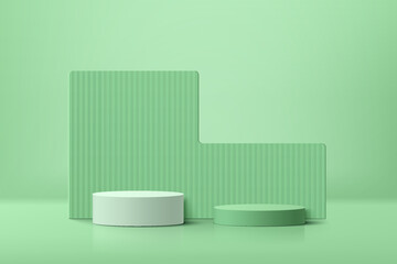 Abstract white and green realistic 3D cylinder pedestal podium set with geometric square shape backdrop. pastel minimal wall scene for product display presentation. Vector rendering geometric platform