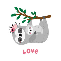 Cute sloths mom and baby sloth hanging on a tree branch. Cute sloth family in cartoon style isolated on white background. Childish animal illustration for kids print. © happydesign