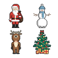 Pixel art set of funny cartoon Santa Claus, snowman, Christmas tree and deer. New Year and Christmas pixel art on white background. - 472838234