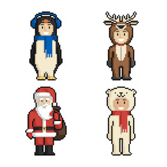 Pixel art set of funny cartoon Santa Claus and kids in animals costume. New Year and Christmas pixel art on white background. - 472838253