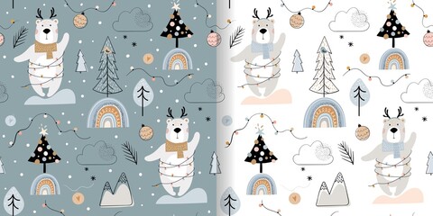 Christmas winter seamless patterns set for kids with cute bears, trees and rainbows, seasonal design for fabric, wallpaper, background