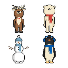 Pixel art set of funny cartoon snowman and polar animals. New Year and Christmas pixel art on white background. - 472838271
