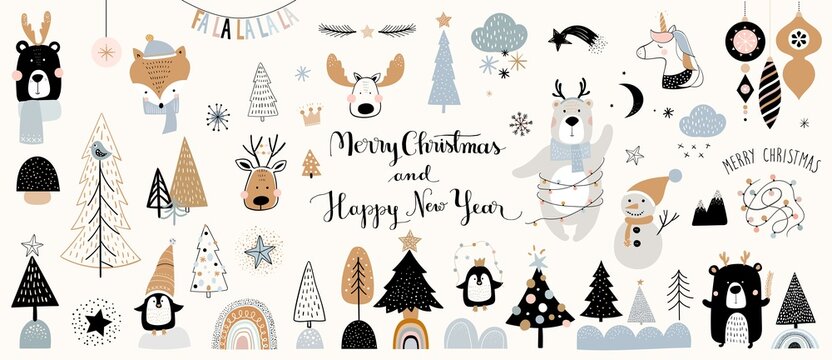 Christmas winter big collection of elements isolated, cute animals  seasonal design, items set for kids, textile clothes and scrapbook, doodle shape 