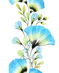 Watercolor seamless floral border with big blue anemones. Abstract vertical design with transparent flowers. Botanical hand drawn illustration for spring wedding invitations and greeting cards