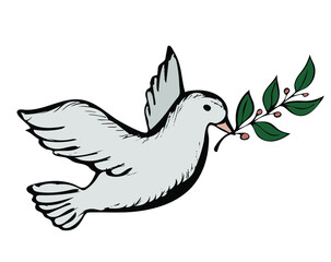 Dove with olive branch. Symbol of Hope and  Peace.Vector Illustration in doodle style.