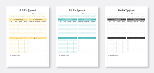 Baby logbook planner. Baby logbook tracker. set of baby logbook. minimalist modern planner templates collection.