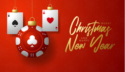 Casino Poker Christmas card. Merry Christmas sport greeting card. Hang on a thread casino poker chip as a xmas ball and golden bauble on red background