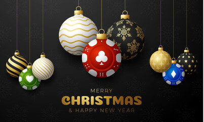 Casino Poker Christmas card. Merry Christmas sport greeting card. Hang on a thread casino poker chip as a xmas ball and golden bauble on black background