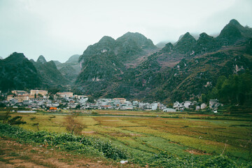 Scenic view of the foggy karst mountains in the rural district of Bac Son in Lang Son Province in Vietnam