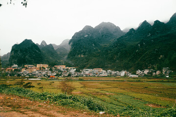 Scenic view of the foggy karst mountains in the rural district of Bac Son in Lang Son Province in Vietnam