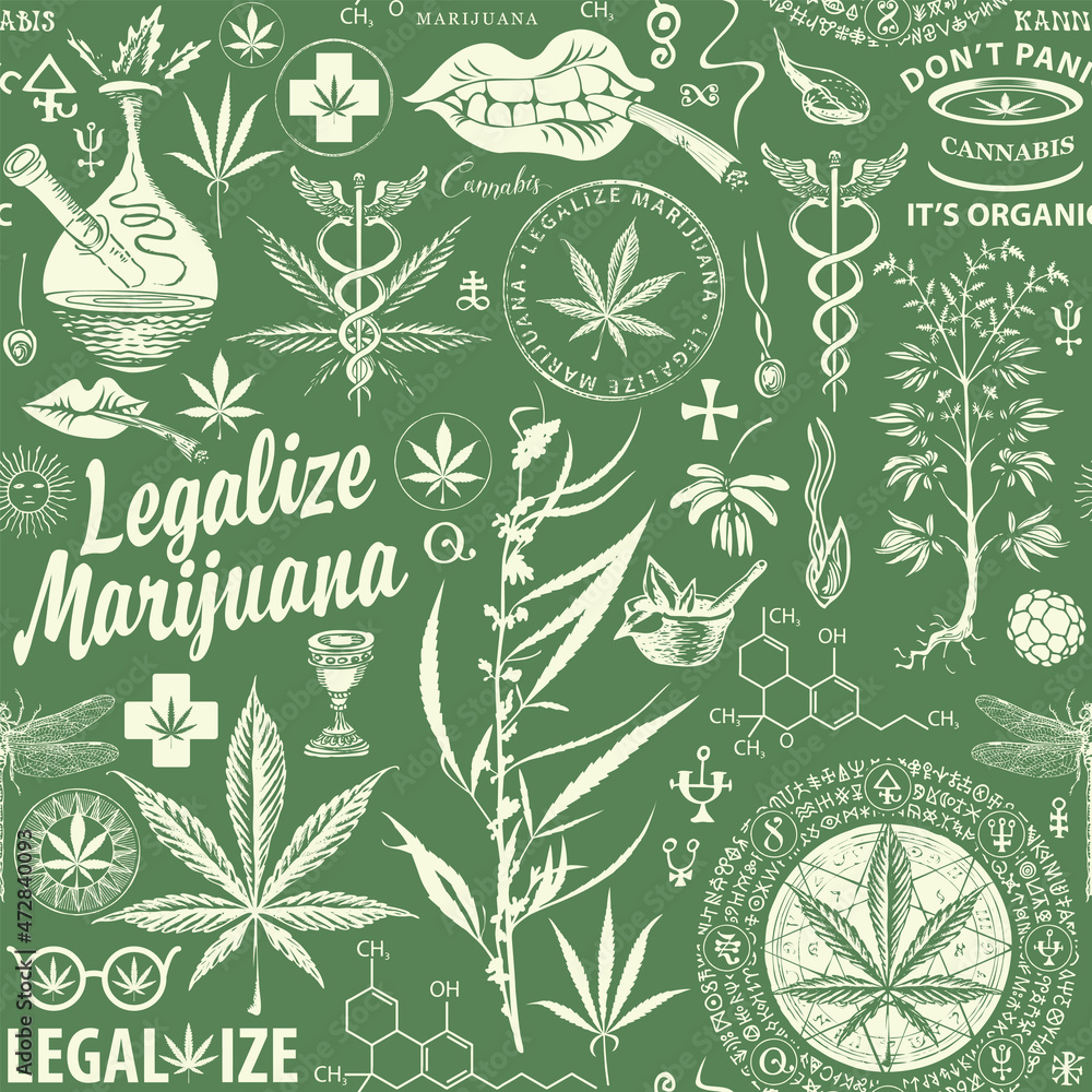 Poster vector seamless pattern in retro style on the theme of legalize marijuana. monochrome repeatable bac