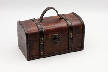 Wooden chest trunk on white background closed