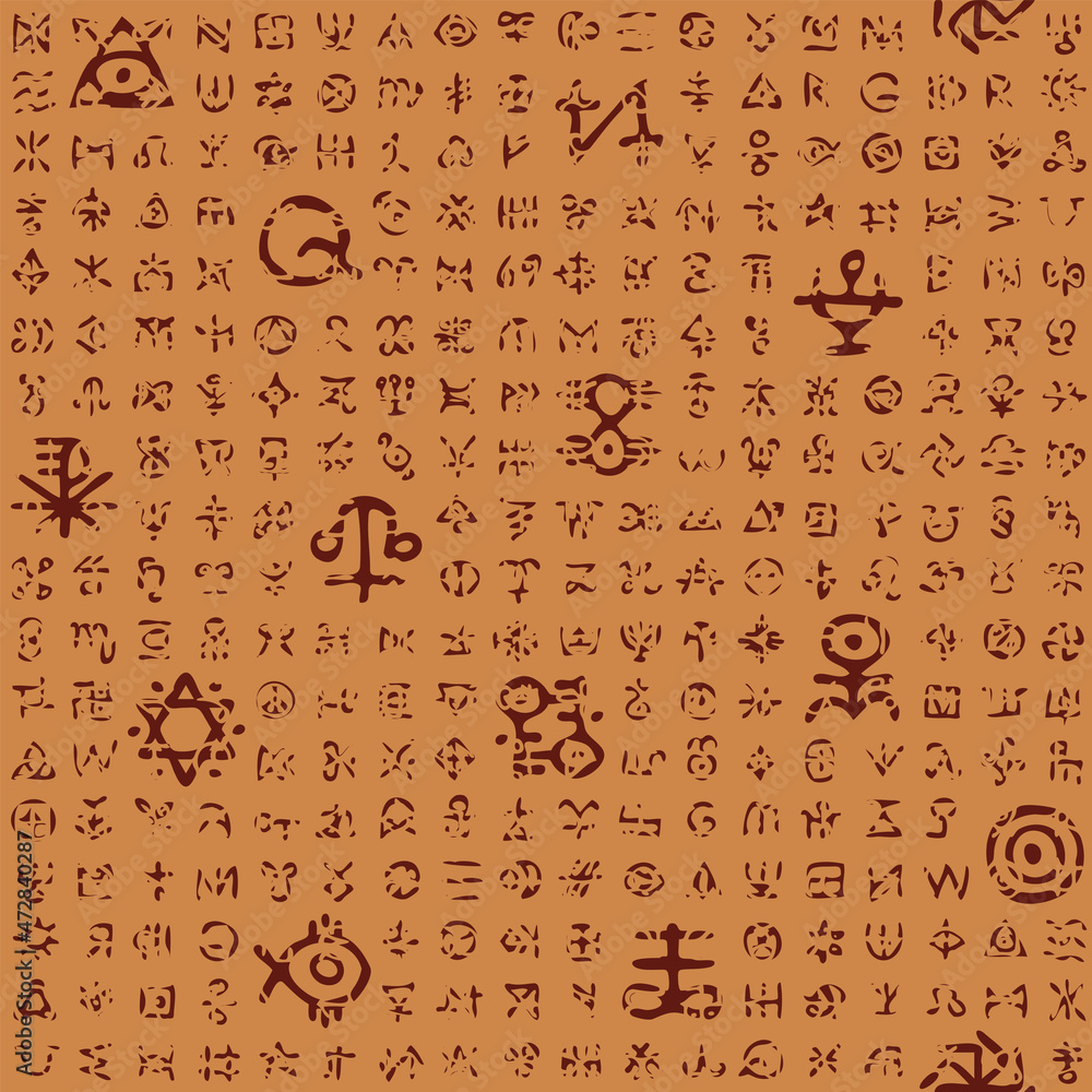 Poster vector seamless pattern with magical runes and esoteric signs in grunge style. abstract monochrome b