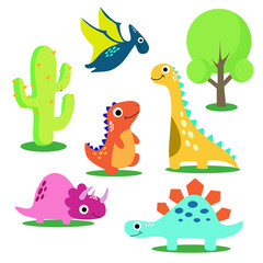 Fototapeta na wymiar Dinosaur theme vector with various species with cute characters