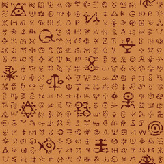 Vector seamless pattern with magical runes and esoteric signs in grunge style. Abstract monochrome background with mystical, occult symbols on a brown backdrop. Wallpaper, wrapping paper or fabric